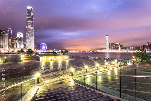 Stunning night view of the famous Hong Kong island skyline and Victoria harbor