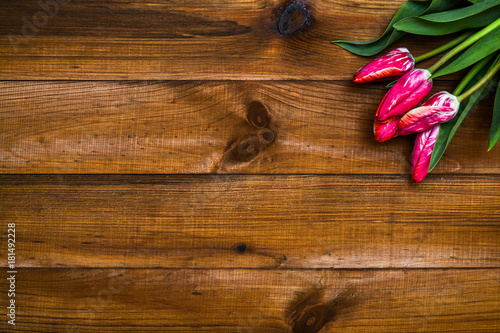 Floral frame: tulips on rustic wooden background. Top view, copy space for your text.