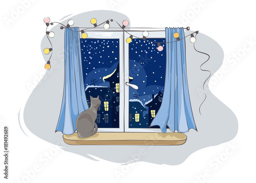 Cat looks at the falling snow / Gray cat in the house on the window waiting for the host, Christmas is coming, vector illustration