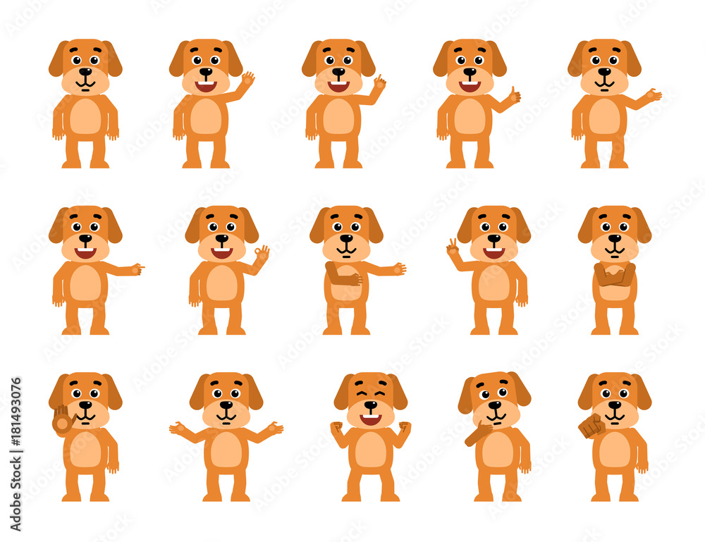 Set of funny yellow dog characters showing different hand gestures. Cheerful dog pointing, greeting, showing thumb up and other gestures. Flat style vector illustration
