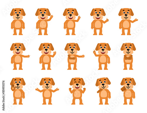 Set of funny yellow dog characters showing different hand gestures. Cheerful dog pointing, greeting, showing thumb up and other gestures. Flat style vector illustration