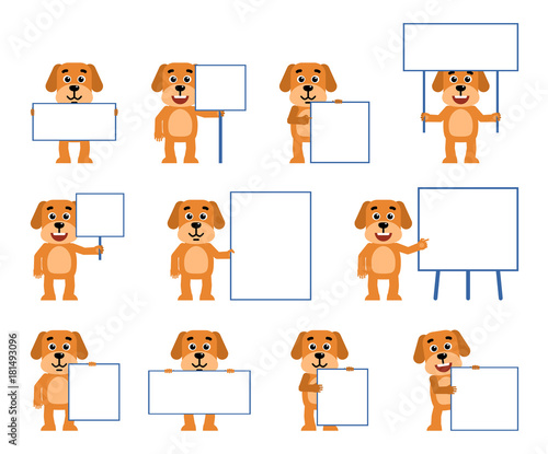 Set of funny yellow dog characters posing with different blank signboards. Cheerful dog holding paper, placard, banner, pointing to whiteboard. Flat style vector illustration