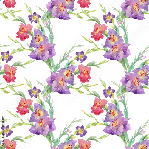 Watercolor seamless pattern with colorful flowers and leaves on white background, watercolor floral pattern, flowers in pastel color, tile for wallpaper, card or fabric.