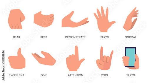 Gestures Set Vector. Hands In Different Emotions. Various Arm Gestures Signs. Flat Cartoon Isolated Illustration