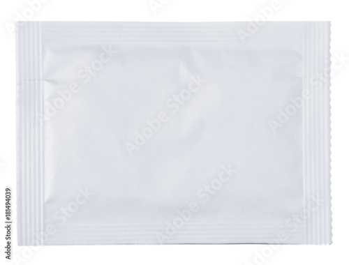 Sealed blank white paper pouchbag bag with foil layer isolated on white background