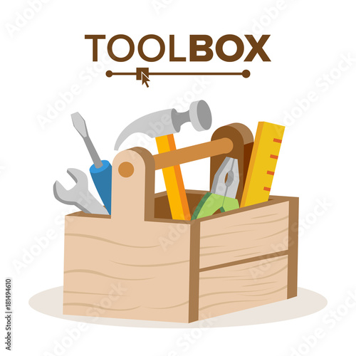 Wooden Classic Toolbox Vector. Full Of Equipment. Flat Cartoon Isolated Illustration