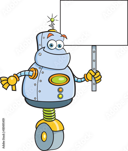 Cartoon illustration of a robot holding a sign.