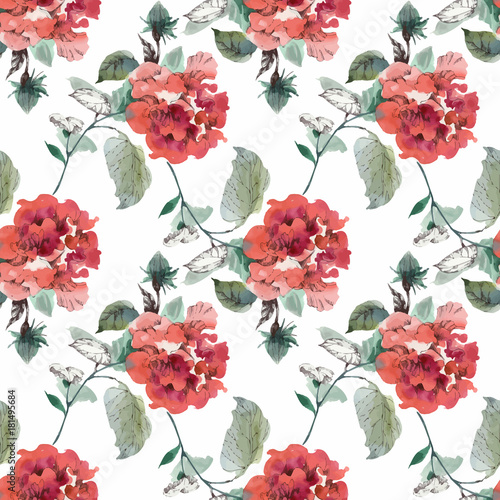 Watercolor seamless pattern with colorful flowers and leaves on white background, watercolor floral pattern, flowers in pastel color, tile for wallpaper, card or fabric.