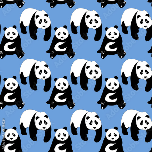 Fototapeta Naklejka Na Ścianę i Meble -  Seamless abstract pattern with hand-drawn cute pandas. Little boy blue color background