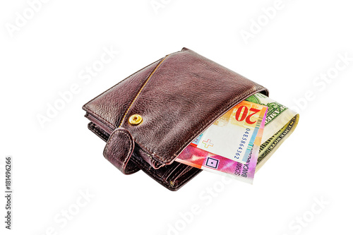Brown leather wallet with money isolated on white background