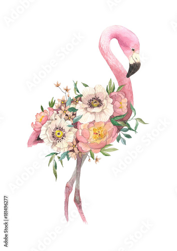 exotic bright bird Flamingo with blooming flowers. Isolated decorative element. Watercolor bird concept. Tropical concept. flower concept