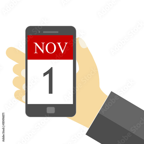 1 November - Businessman holding mobile phone with 1 Nov SMS -  illustration - Vector