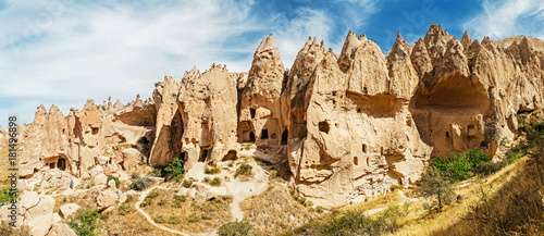 Cave town and rock formations in Zelve Valley, Cappadocia, Turkey photo