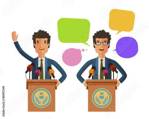 Man speaks from podium, tribune. Business concept. Vector flat illustration