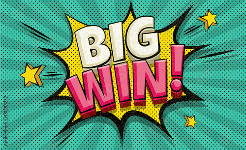Big Win Message word bubble in retro pop art style on blue background. Vector illustration. Trendy Colorful vintage banner in retro comic style. Explosion boom comic cloud. Easy editable for You.