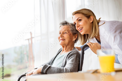 Obraz na plátně Health visitor and a senior woman during home visit.