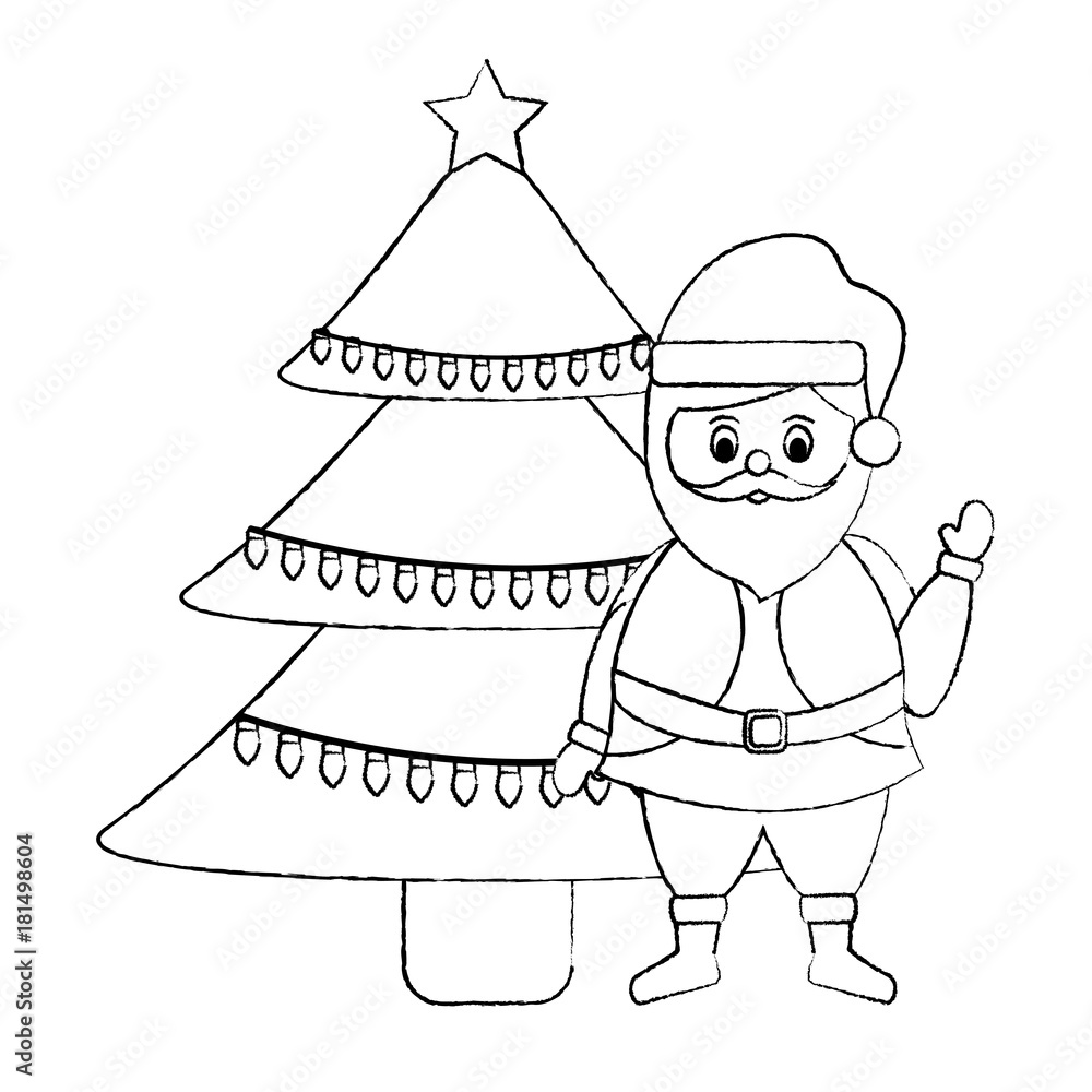 Vector drawing of Santa Claus and reindeer decorated a green pine tree for  celebrate Merry Christmas and happy new year, gift boxes, lighting star,  colorful ball and flag on blue background 13272407