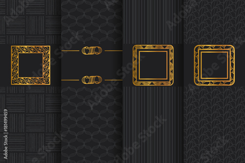 set of 4 patterned backgrounds with ornamental golden frames. Seamless patterns and brushes are included in the palettes
