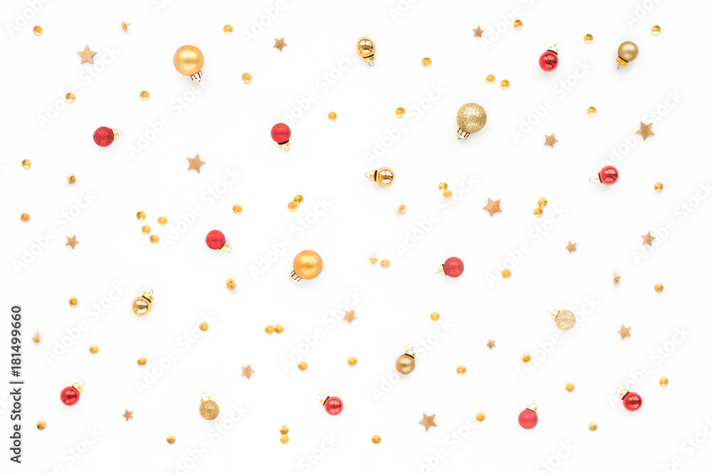 Red, golden christmas decoration on white background, flat lay, top view Red, golden christmas decoration on white background, flat lay, top view