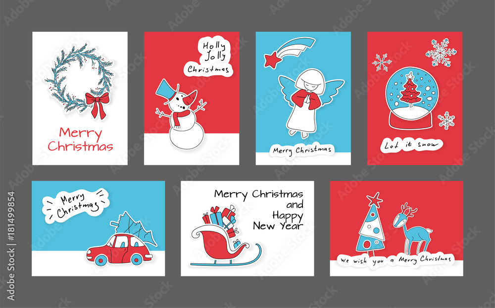 Fototapeta premium Collection of 7 cute Merry Christmas and Happy New Year cards. Set of printable hand drawn holiday posters templates. Vector seasonal postcard design.