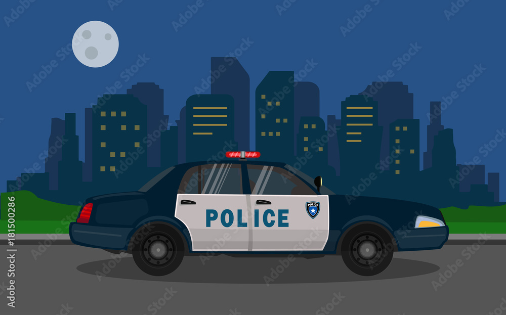 Police car  in the night city background. Vector Illustration.