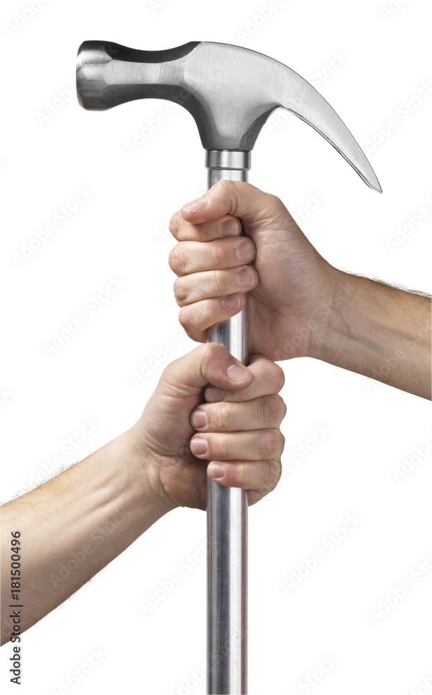 Two hands holding a hammer. isolated over white background Two hands holding a hammer. isolated over white background