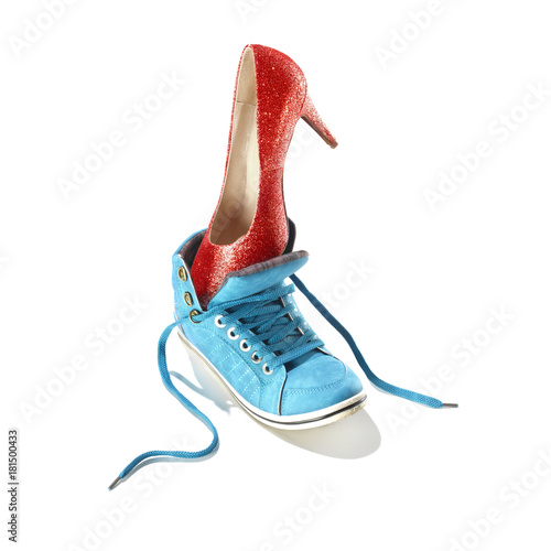 Classic stiletto high heels shoe put in a sport shoe