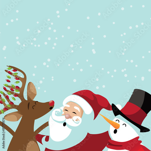 
Christmas background with cute cartoon characters caroling. Santa Claus, reindeer and snowman in a snowy scene. EPS 10 vector illustration.