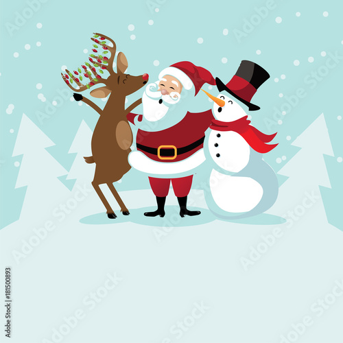 
Christmas background with cute cartoon characters caroling. Santa Claus, reindeer and snowman in a snowy scene. EPS 10 vector illustration.