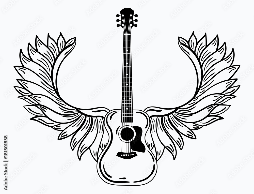 Acoustic guitar with wings. Stylized coustic guitar with angel wings. Black  and white illustration of a musical instrument. Rock concert. Musical  emblem. Tattoo. Stock Vector | Adobe Stock