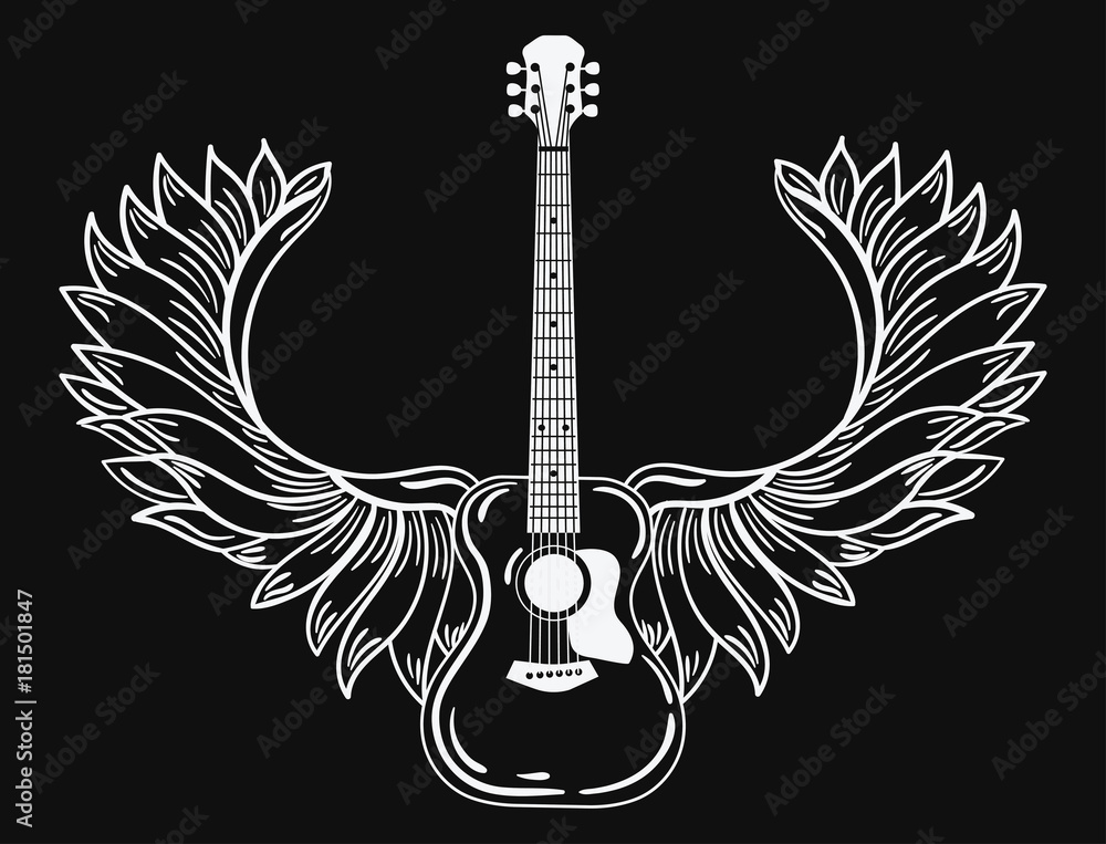 Vettoriale Stock Acoustic guitar with wings. Stylized coustic guitar with angel  wings. Black and white illustration of a musical instrument. Rock concert.  Musical emblem. Tattoo. | Adobe Stock