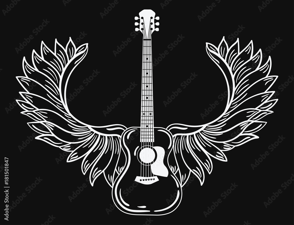 Acoustic guitar with wings. Stylized coustic guitar with angel wings