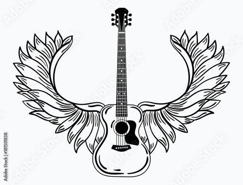 Acoustic guitar with wings. Stylized coustic guitar with angel wings. Black and white illustration of a musical instrument. Rock concert. Musical emblem. Tattoo.