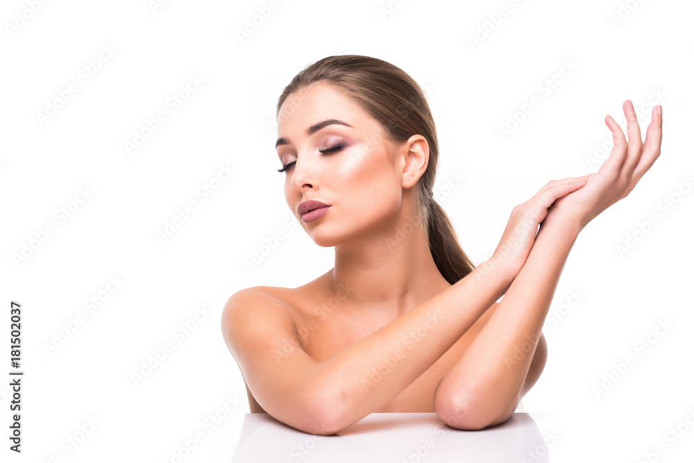 Close up portrait of beautiful young woman face isolated on white background. Portrait of a female model. Close up portrait of beautiful young woman face isolated on white background. Portrait of a female model.