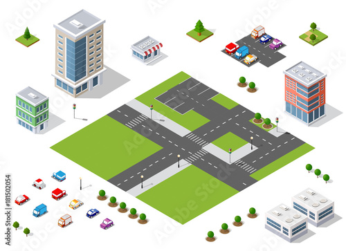 Set of town district of the city in isometric landscape urban infrastructure of houses  streets and buildings