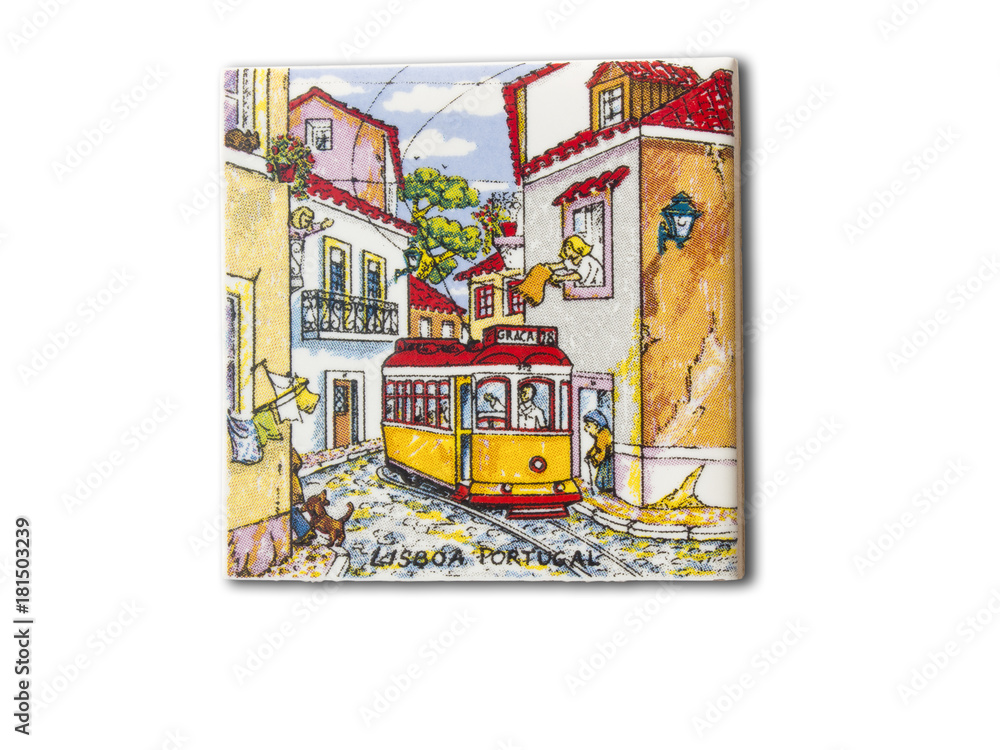 Lisbon souvenir refrigerator magnet isolated on white. Refrigerator magnets are popular souvenir and collectible objects. 