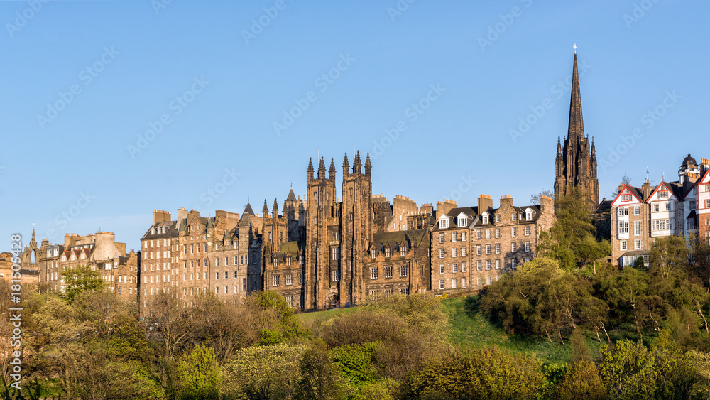 View of Edinburgh, Scotland with clear blue sky.