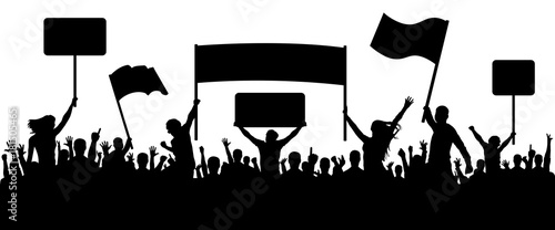 Furious crowd people with banners, protesting, silhouette