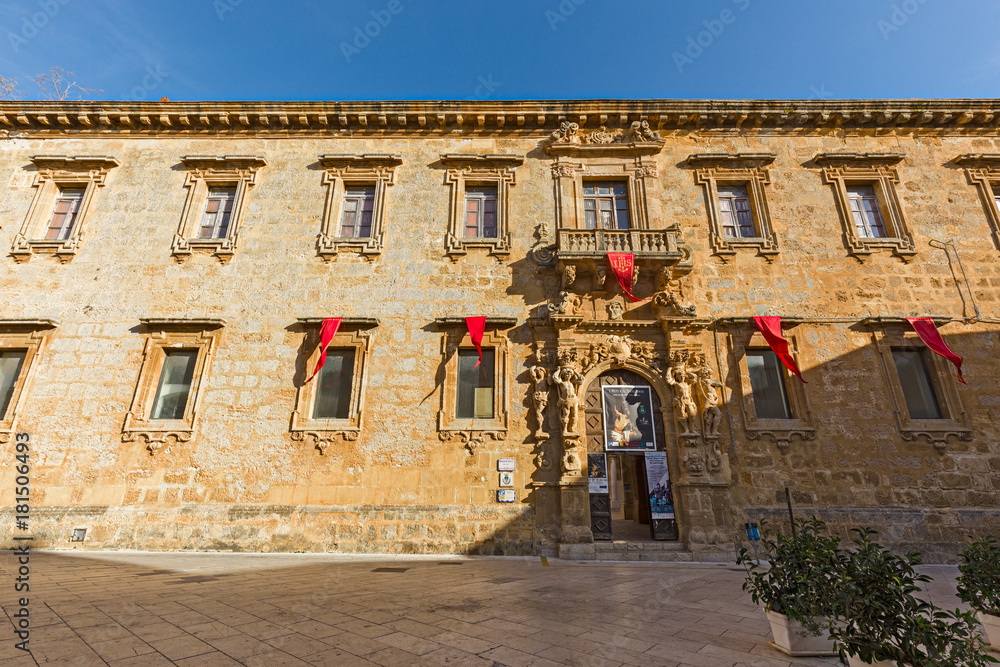 Facade of a historic building in the center of Mazara del Vallo in Sicily, Italy.