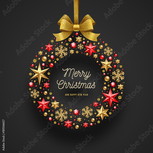 Christmas greeting illustration. Frame in the form of Christmas wreath made from stars, ruby gems golden snowflakes, beads and glitter gold bow ribbon.