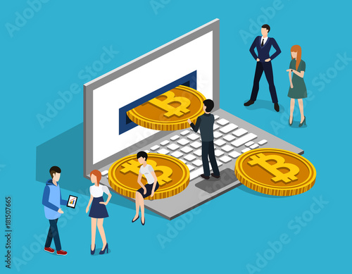 Isometric 3D vector illustration concept of crypto currency bitcoin with people and laptop