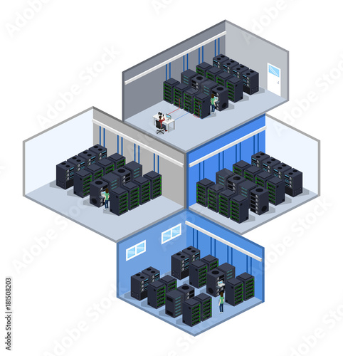Isometric 3D vector illustration concept server room data center set collection