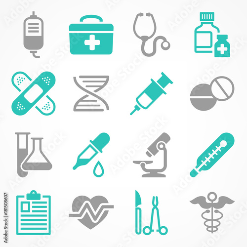 Medical icons on white, medicine symbols in grey blue, Vector