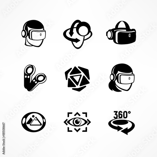 Virtual reality icon set in black isolated on white. Vector