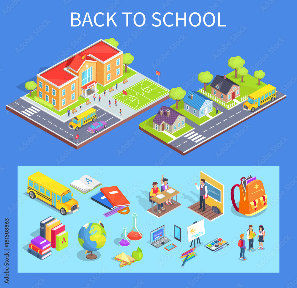 Back to School Collection of Illustrations on Blue