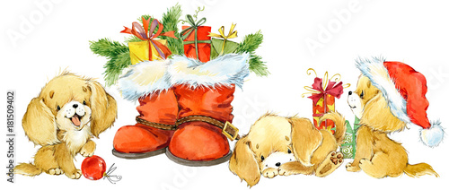 Dog year greeting card. cute cartoon puppy watercolor illustration. Background for Christmas. 