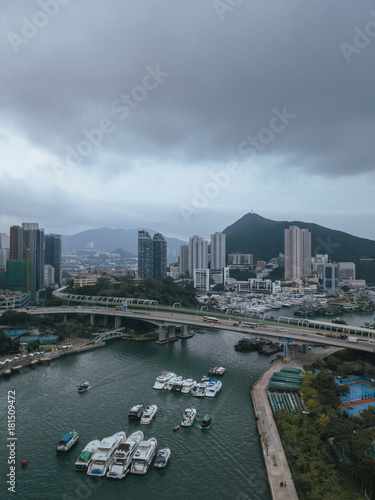 Aerial Top View of The Aberdeen Bay and the buildings on two sides of the harbour in Hong Kong. © kingrobert
