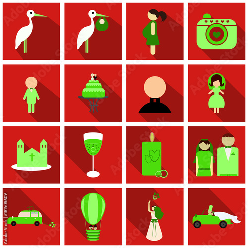 Set of weddings icons in flat style with shadow