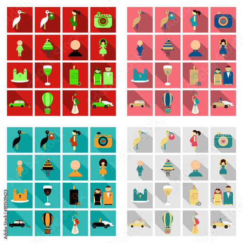 Set of weddings icons in flat style with shadow