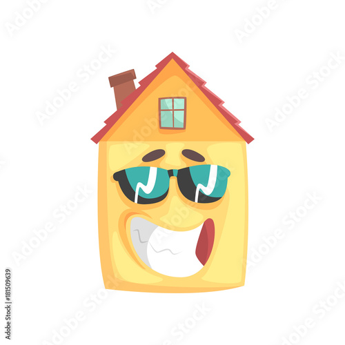 Cute house cartoon character with smiling face and sunglasses, funny facial expression emoticon vector illustration